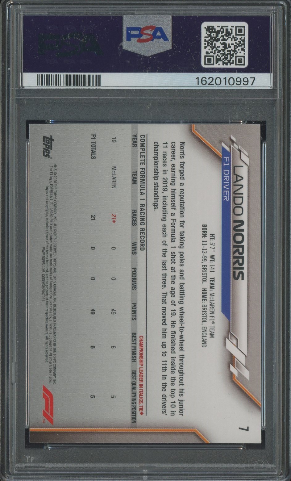 2020 Topps Chrome F1 Formula Racing Sapphire #7 Lando Norris RC Rookie PSA 9 view 2