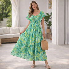 GRACE KARIN New Floral Midi Dress Green Blue Ruffle Tie Waist Size 2XL