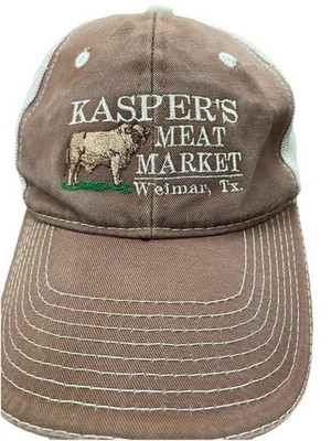 Vtg Kasper s Meat Market Weimar TX Hat Tan Brown Mesh V3lcro Strap Trucker Cap