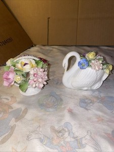 2 Vintage Royal Adderly Floral Basket & Swan 