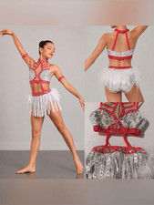 Glamour White Silver Fringe Feather Dance Costume MA ad Child Jazz Broadway Solo