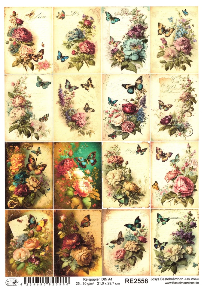 JOSYS BASTELMÄRCHEN Papel de arroz A4 seda de paja decoupage vintage carta flores mariposa RE2558