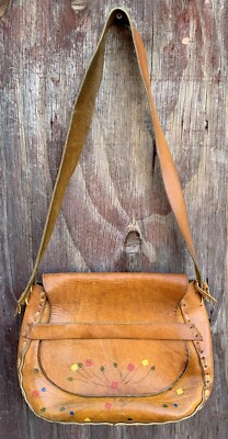 Vintage Tooled Leather Purse Floral Painted Shoulder Bag Hippie Chic Boho Hippy