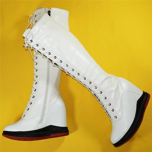 Thigh High Fashion Sneakers Women's Lace Up Leather Wedge High Heels Snow Boots - Picture 10 of 47