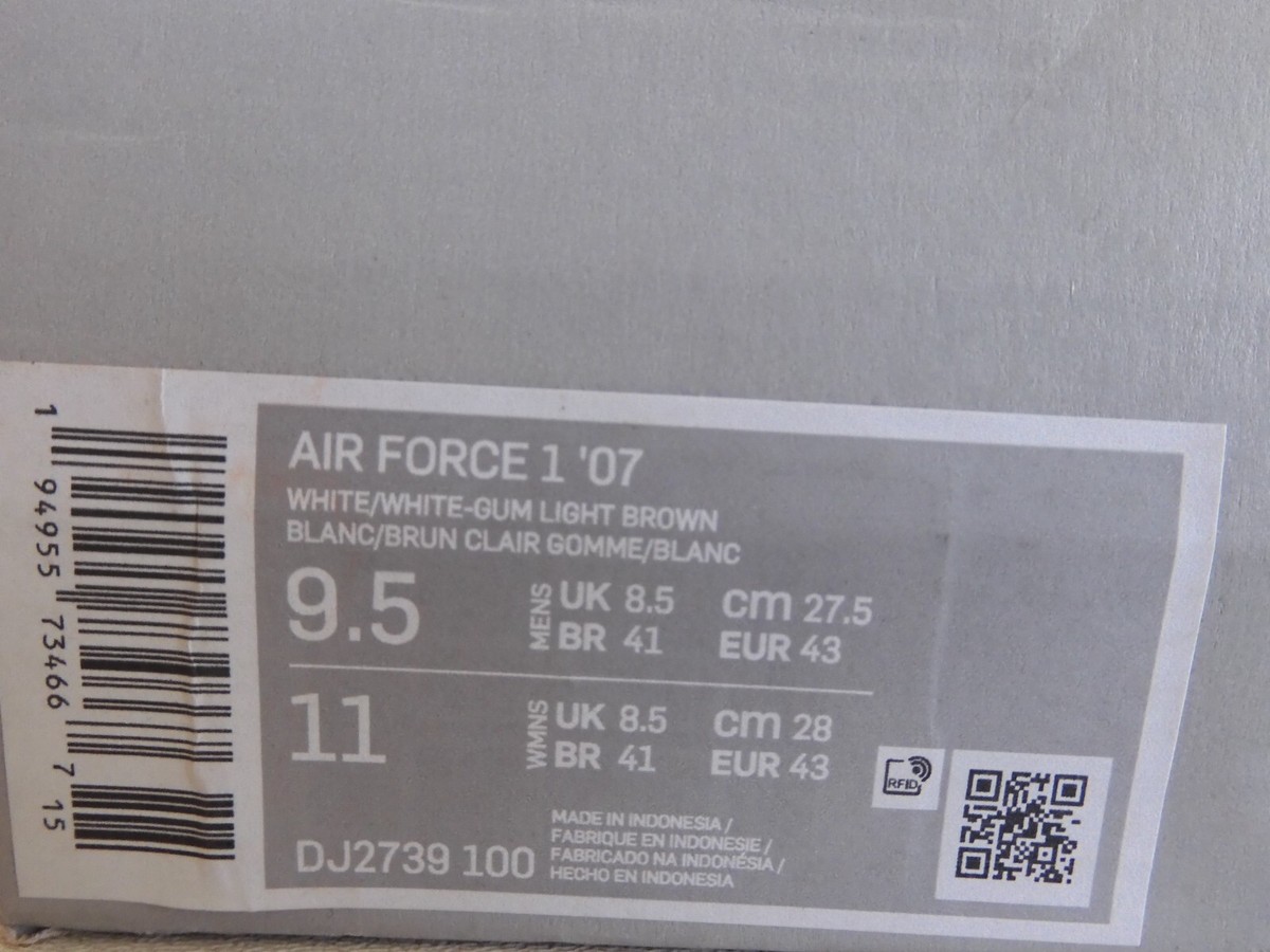 NIKE AIR FORCE 1 07 WHITE-WHITE-GUM LIGHT BROWN SZ 9.5 NIKE AIR FORCE 1 07 WHITE-WHITE-GUM LIGHT BROWN SZ 9.5
