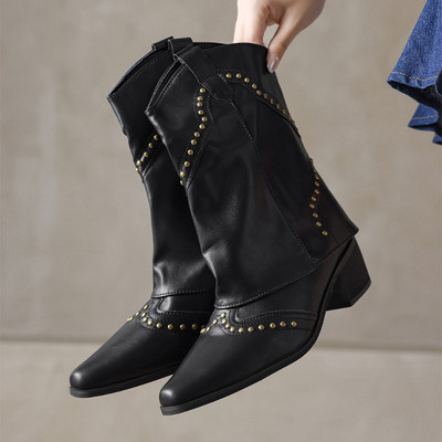 Womens Winter Mid Block Chunky Chelsea Ankle Retro Mid Calf Rivet Boots Shoes