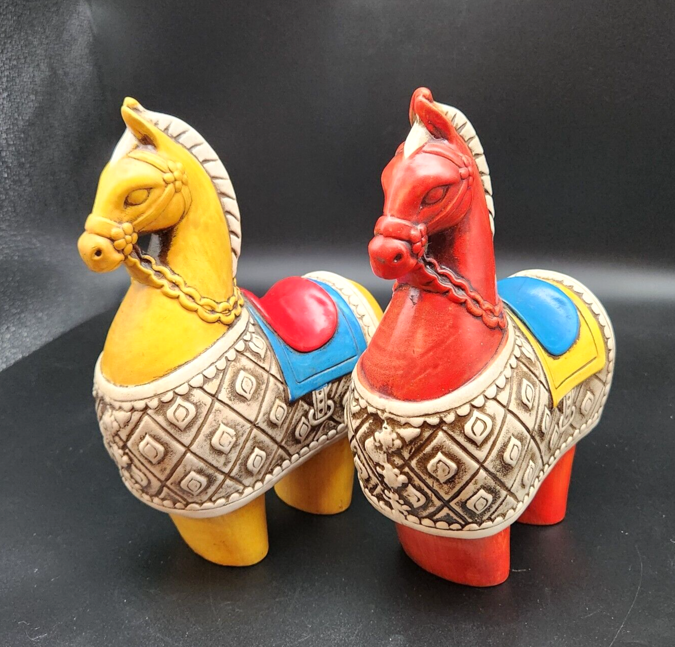 Vintage MCM Norleans Chalkware Horses Set of 2 Red Yellow Blue Japan 9