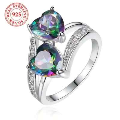 925 Sterling Silver Cubic Zirconia Double Heart Ring size P 1/2 in Gift Box