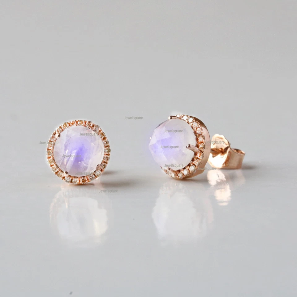 New 14k Yellow Gold Rainbow Moonstone & Real Diamond Halo Tiny Studs Earrings - Image 2 of 4