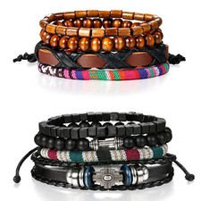 2 Sets 8pcs Mens Womens Leather Tribal Beaded Cuff Bangle Bracelet Wristband