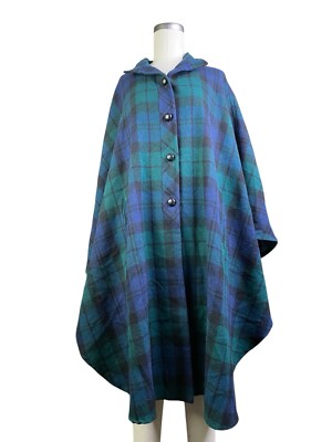 Vintage Pendleton Womens Green/Blue Pure Virgin Wool Jacket Cape Coat Poncho