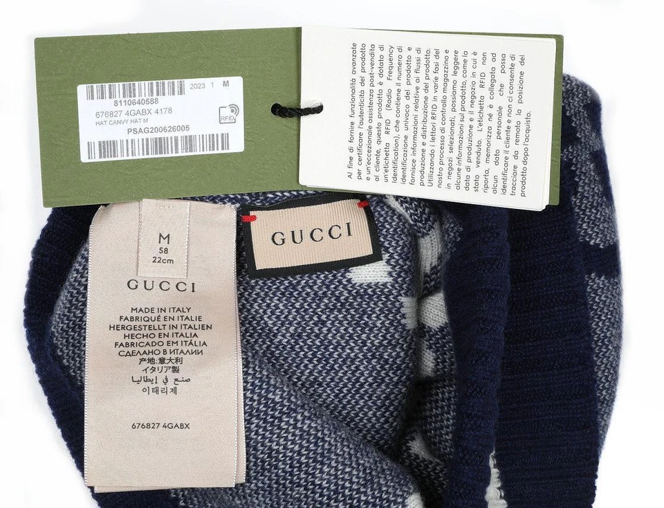 NUEVO GORRO GUCCI LUXURY AZUL BLANCO 100% CACHEMIR GG LOGO M Foto 3 de 3