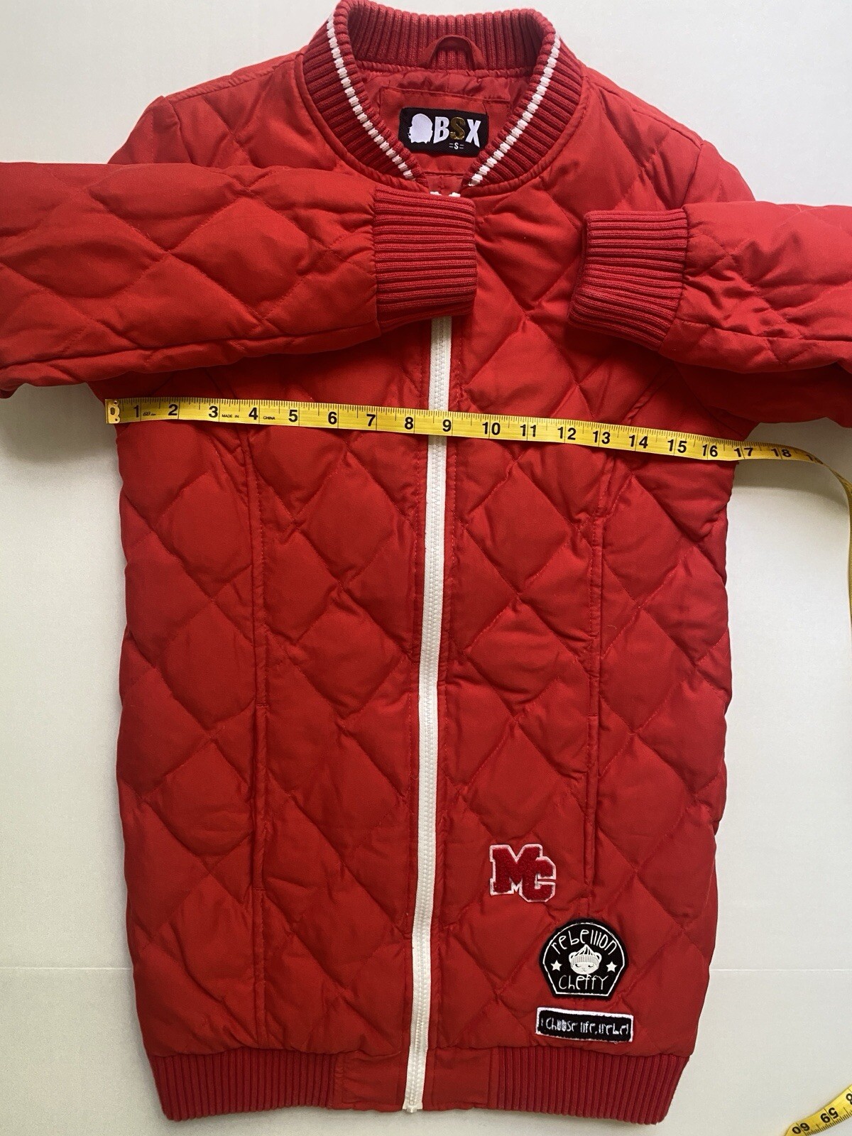 Long Quilt Patch Jacket Size S Down Fill Red BSX … - image 12