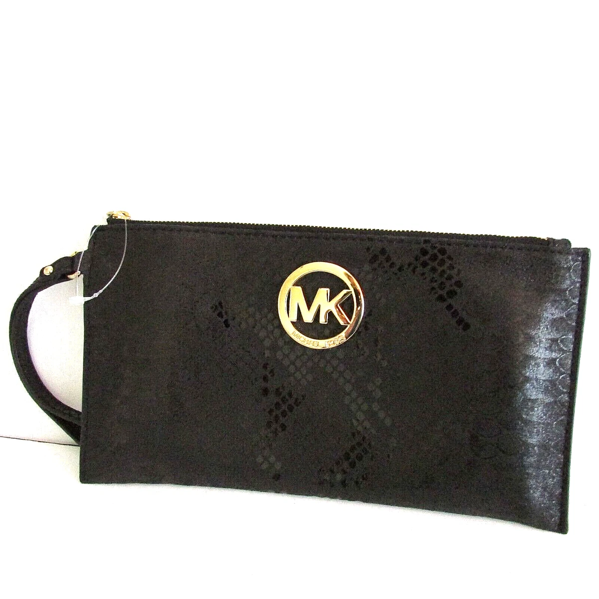 Michael Kors Fulton clutch organizer Wristlet bag Black Embossed Leather NWOT