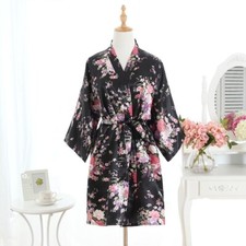 Women Floral Bathrobe Satin Faux Silk Pajamas Kimono Jacket Sleepwear Retro