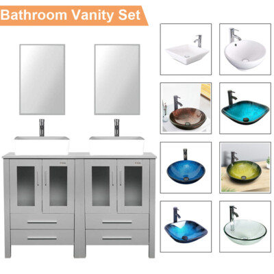 48'' Gray Bathroom Vanity Cabinet Set Vessel Glass Ceramic Sink Faucet No Mirror
