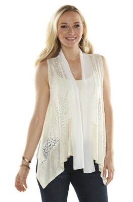 AB Studio Romantic Slubbed Lace Chiffon Flyaway Open Vest Oatmeal Size XL 