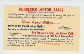 Mr Fancy Cancel Burberick Motor Sales New Aero Willys San Mateo Cal '52 #3442