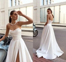 Satin A Line Wedding Dresses Sleeveless Pleats Simple Bridal Gowns Lace-up Train
