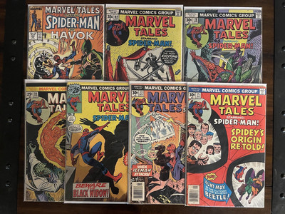 7x Marvel Tales Spiderman 58, 67, 73, 75, 78, 92, 205; low grade (VG) reader lot