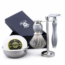 5pcs Silver Antique Shaving Kit with Badger Shaving brush  DE Safety Razor
