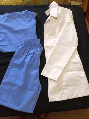 white Lab Coat & set of Blue Scrubs - Sz. 6 / SM / XS - See Description - 3 PC.