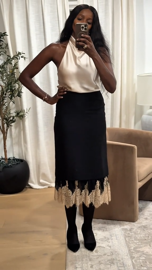 Zara ZW Collection Long Combined Lace Skirt Black Beige Size S M