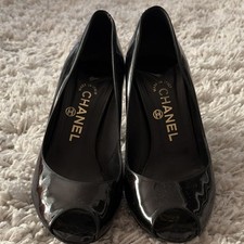 CHANEL Black Patent Leather Peep Toe Stiletto Pumps with Logo Accent, Size 8
