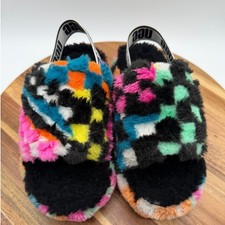 UGG Size 3 Fluff Yeah Multi Color Checkerboard Fur Slides Elastic Sandals  0253
