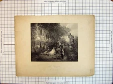 Old Antique Print Engraving Fete Champetie Sculpture Garden Scene Trees