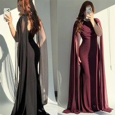 Dark Purple Draped Neck Chiffon Mermaid Evening Dresses Cape Sleeves Prom Gowns