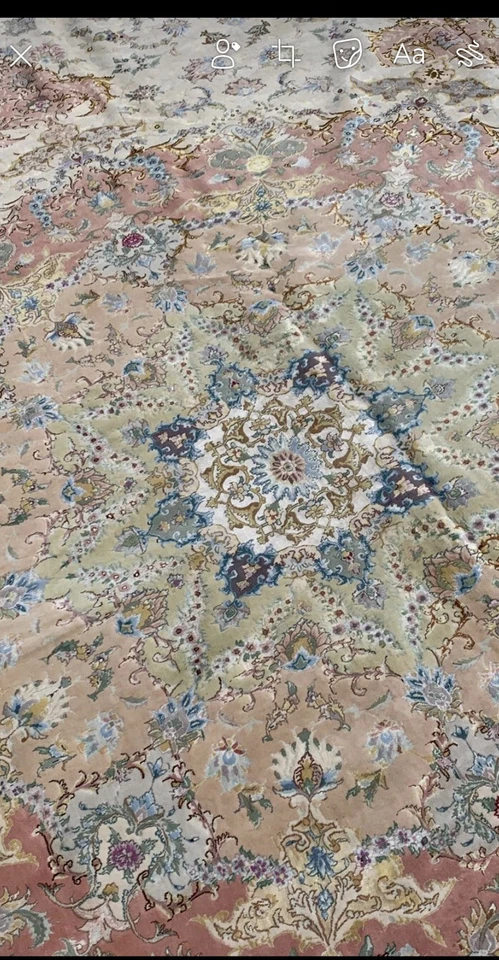 Auténtica alfombra circular extra grande tejida a mano de seda y lana Tabriz 24’ Foto 3 de 4