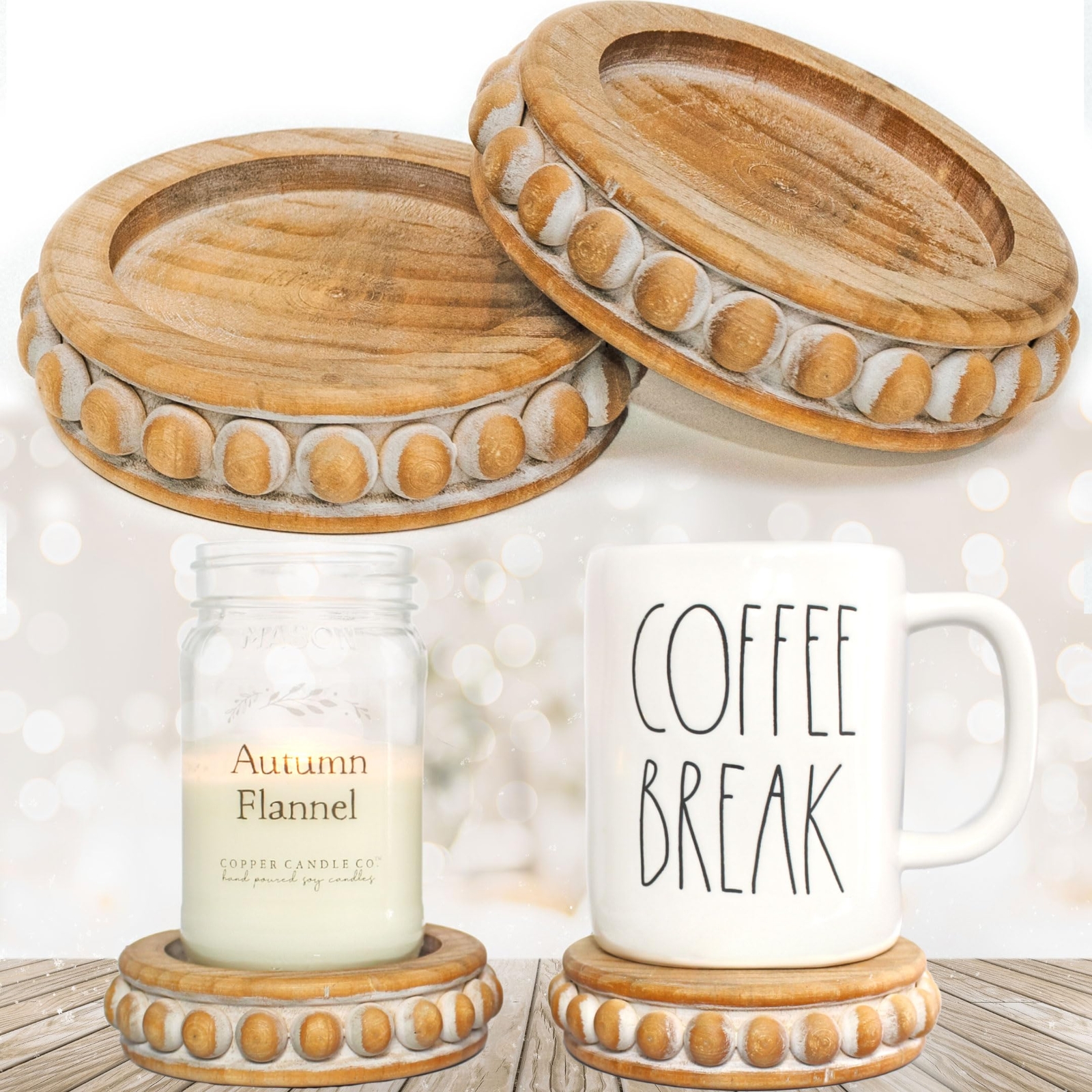 Rustic Wood Beaded Candle Pedestal Set of 2 Stackable Two-Sided Risers