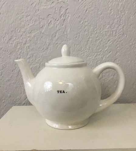 Rae Dunn 2017 Teapot Type Typewriter Font rare White clean farmhouse style "TEA"