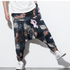 Men Casual Trousers Printed Baggy Tapered Pants Cuffed Bottoms Hippie Hip Hop