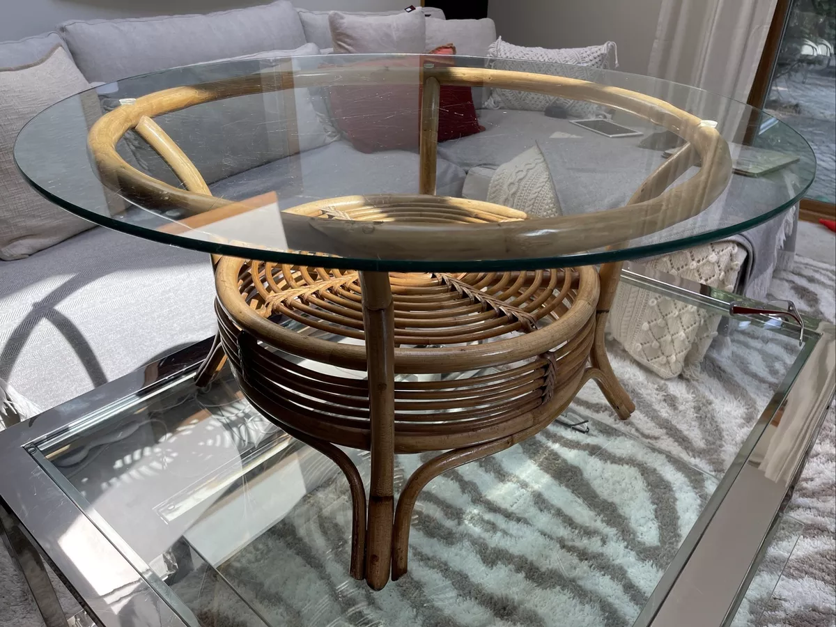 VTG 90 Round Bamboo Rattan Frame Glass Top Handcrafted Coffee Table NICE