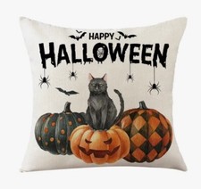 Black Cat Pumpkin Spooky Fun Halloween Throw Pillow Cover Holiday Home Decor