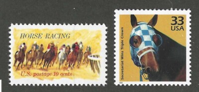 SECRETARIAT & HORSE RACING - 2 U.S. POSTAGE STAMPS - MINT CONDITION