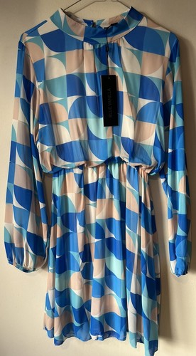 BNWT Size 10 12 blue vanilla Geometric Print Long Sleeve Dress Blues Chiffon 60s