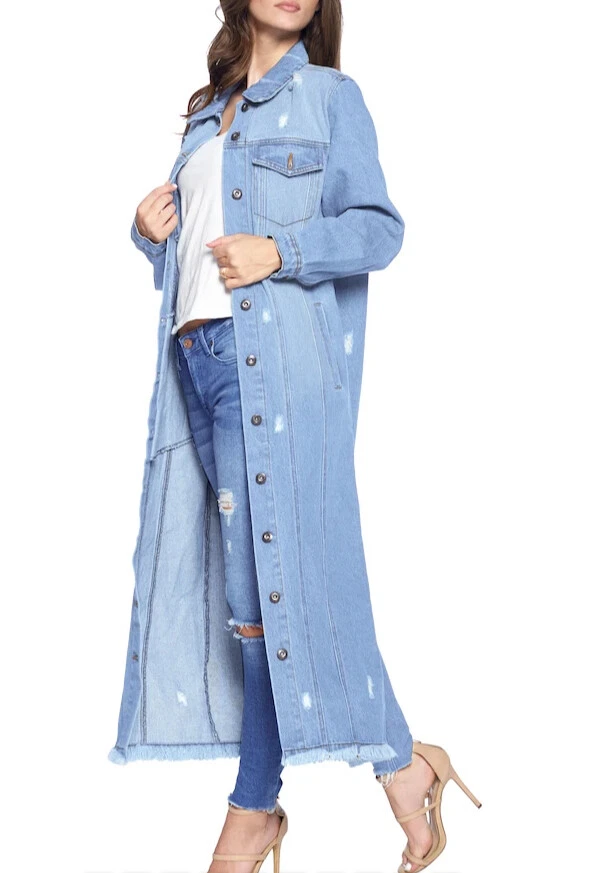Women's Classic Distressed Cotton Denim Button Up Oversized Long Jean Jacket
Opens in a new window o
