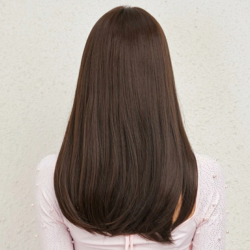Peruca - Mistura de cabelo humano - Longa camada reta marrom escuro Bangs resistente ao calor - Imagem 4 de 4