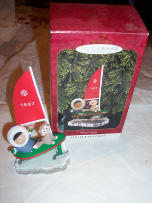 1997 HALLMARK FROSTY FRIENDS 18TH SERIES ESKIMO & FOX ON ICE BOAT ORNAMENT
