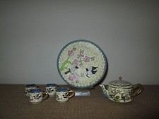 Vtg Enameled Cloisonn  Brass Mini Teapot Set 6 pc Set Cups Tray White Gold Birds