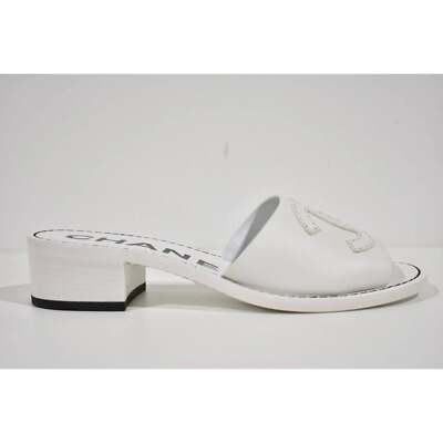 Chanel 22S White Calfskin Leather CC Logo Mules Slide Sandal