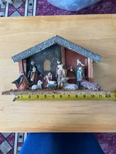 Vintage Bisque Porcelain & Wood Manger 12" Wide 7" High Figs Are Glued To Manger