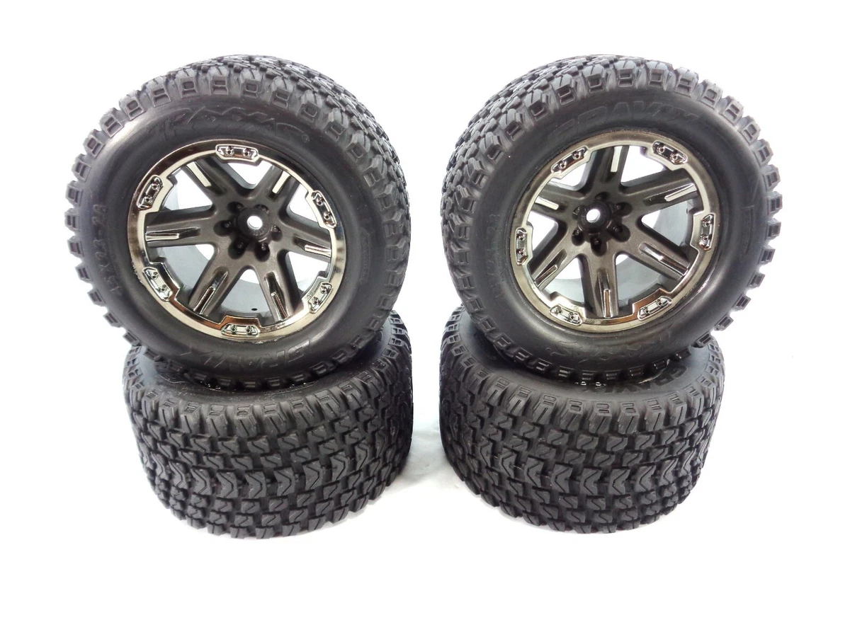 Traxxas Rustler 4x4 Ultimate Gravix Tires and 12mm Gray Wheels Chrome Set of 4