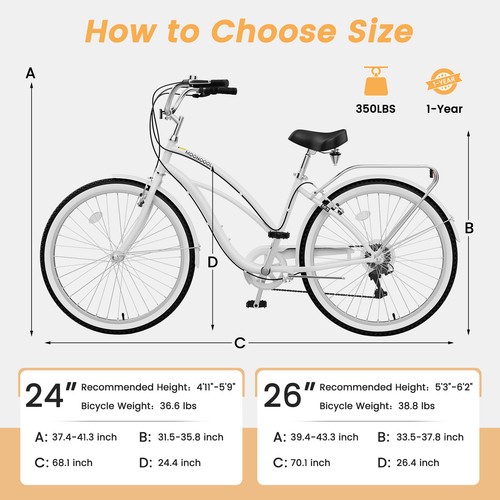 MOONCOOL Beach Cruiser Bike for Adults, 24" 26" 7-Speed Bicycle for Women Men - Picture 8 of 57