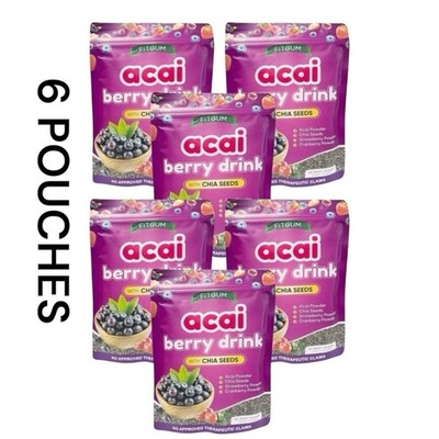 6 Packs FITGUM Acai Berry Drink Powder w/ Chia & Collagen   10 Sachets Each