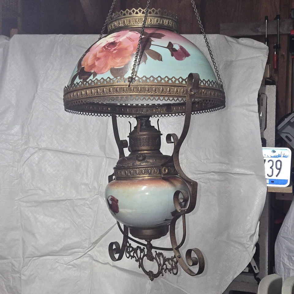 Антикварная ВИКТОРИАНСКАЯ ПОДВЕСНАЯ МАСЛЯНАЯ ЛАМПА ЛЮСТРА с ручной росписью ЧИТАЙТЕ - Изображение 2 из 4