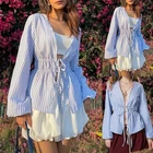 Womens Long Sleeve Striped Lace Up Striped Shirt Casual Loose Holiday Tunic Top